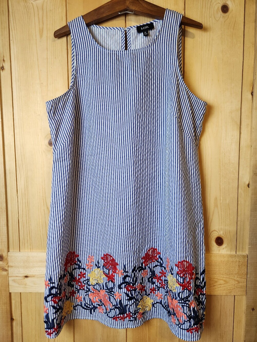 MSK Cotton Navy/White Stripe Embroidered Floral Hem Sleeveless Shift Dress